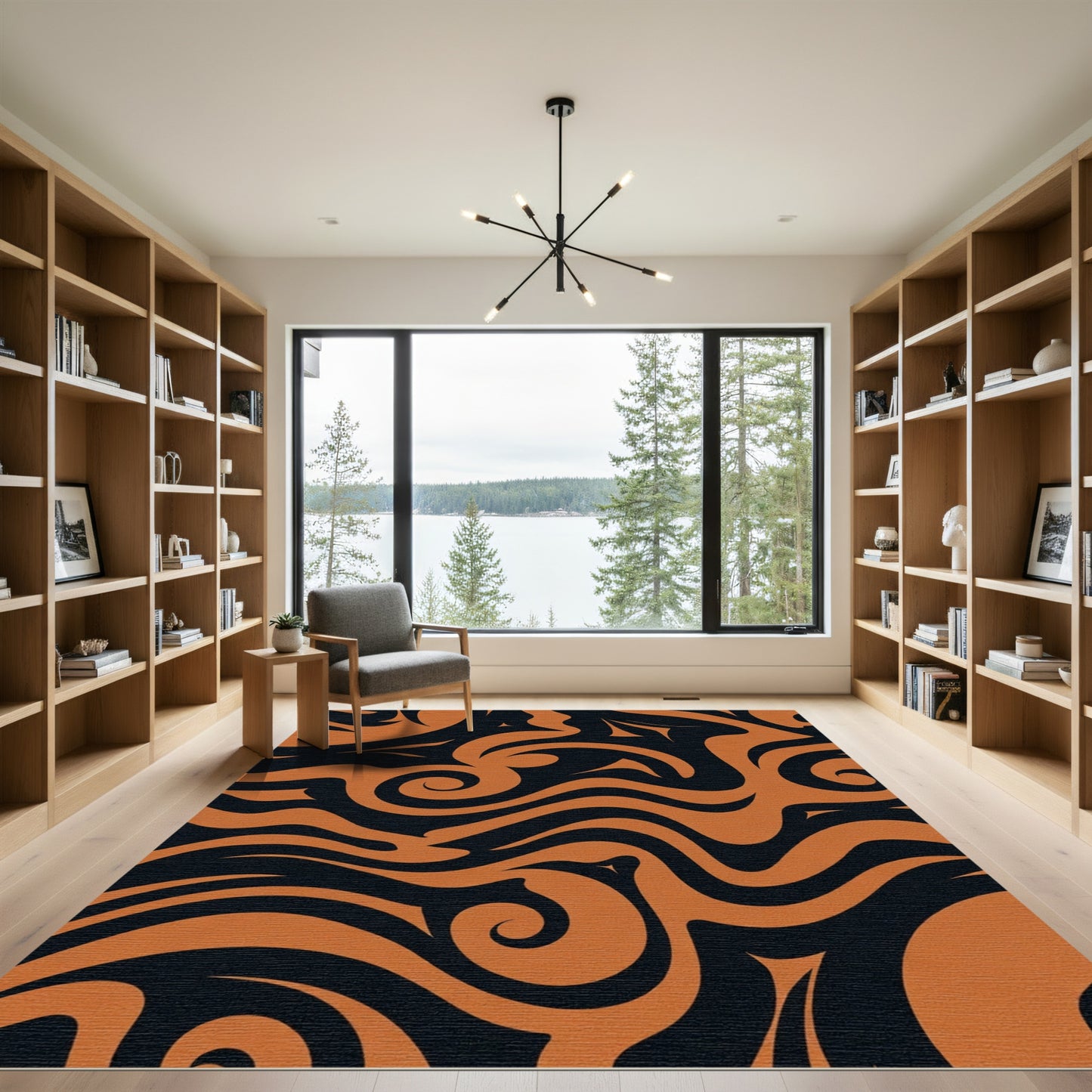 Bold Orange Swirls Black Abstract Rug