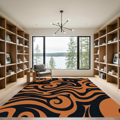 Bold Orange Swirls Black Abstract Rug