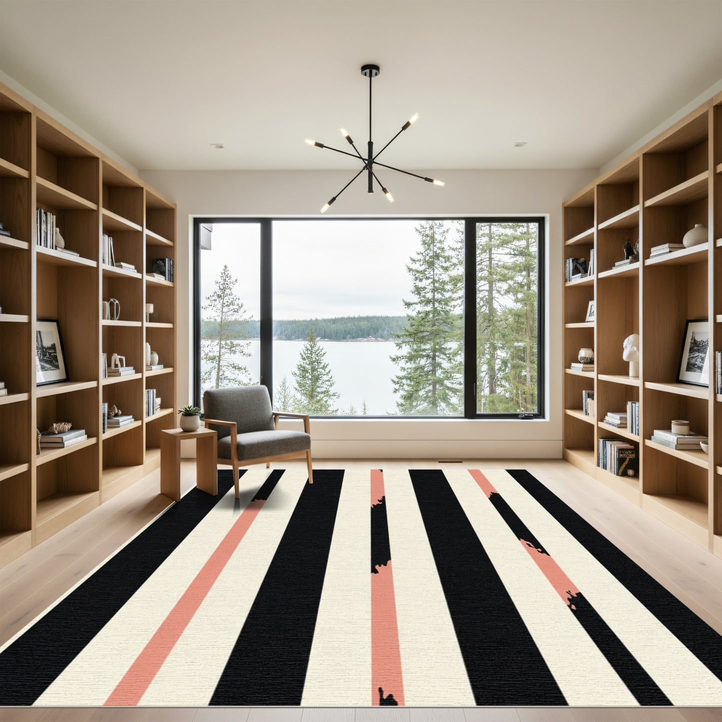 Bold Black Coral Abstract Stripes Rug