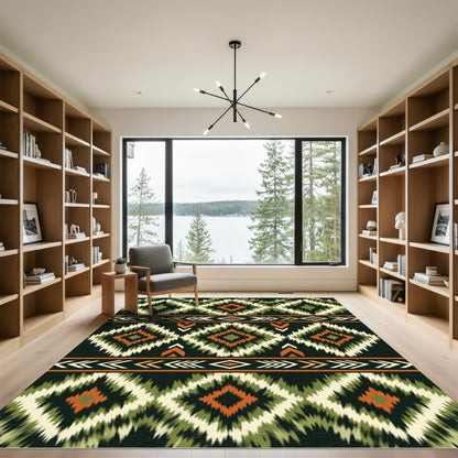 Tribal Diamond Green Orange Stripe Rug