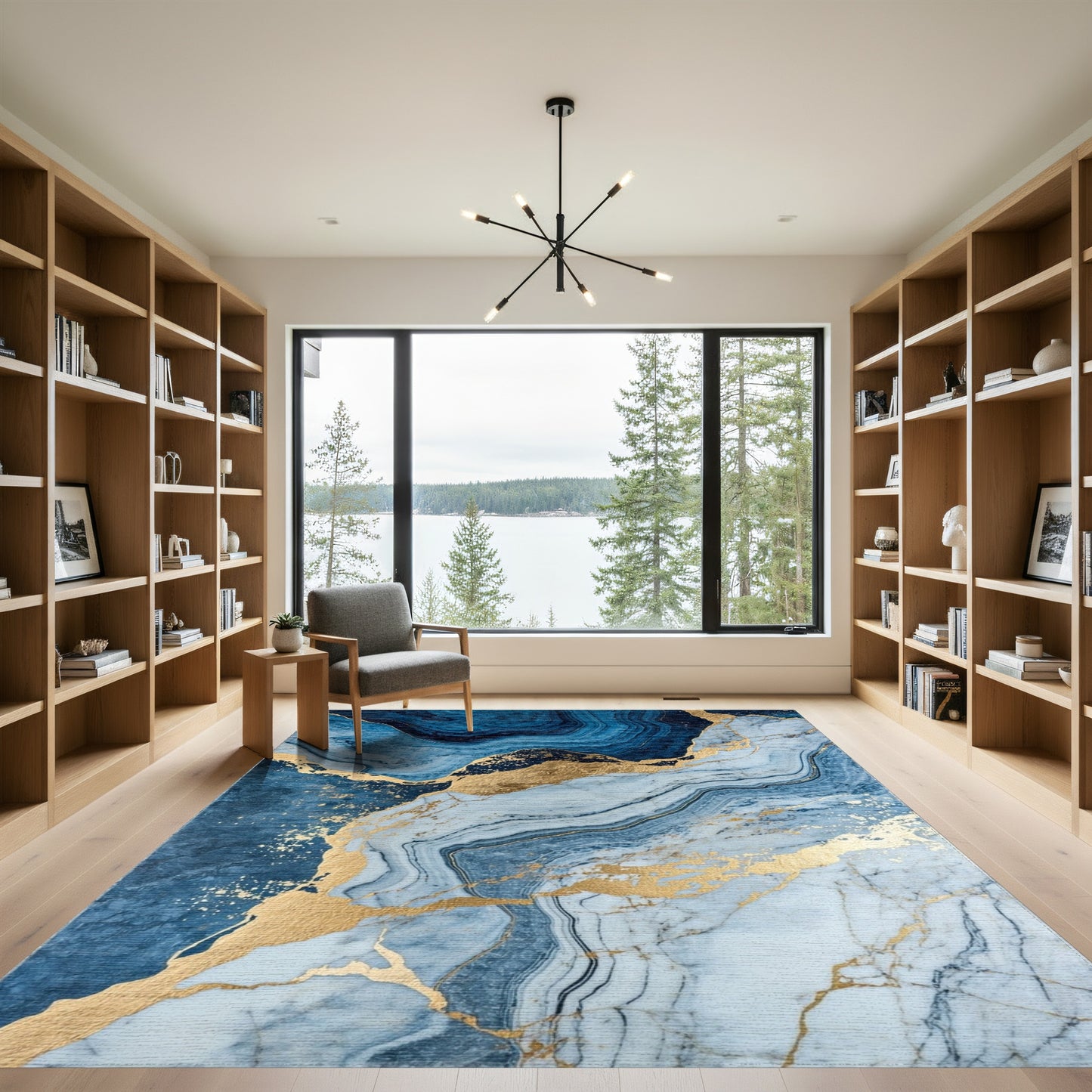 Navy Blue Gold Veined Marble Rug