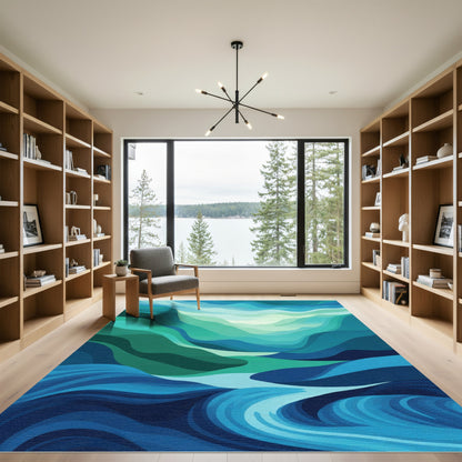 Oceanic Cool Tone Layered Waves Rug
