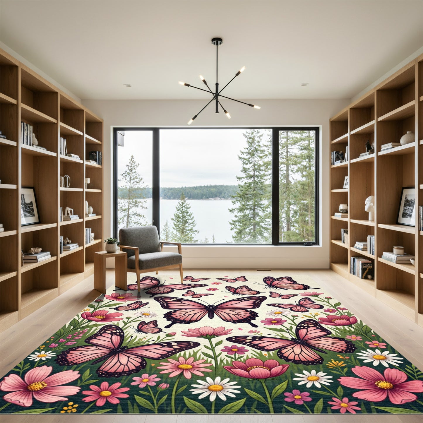 Pink Butterfly Garden Meadow Composition Rug