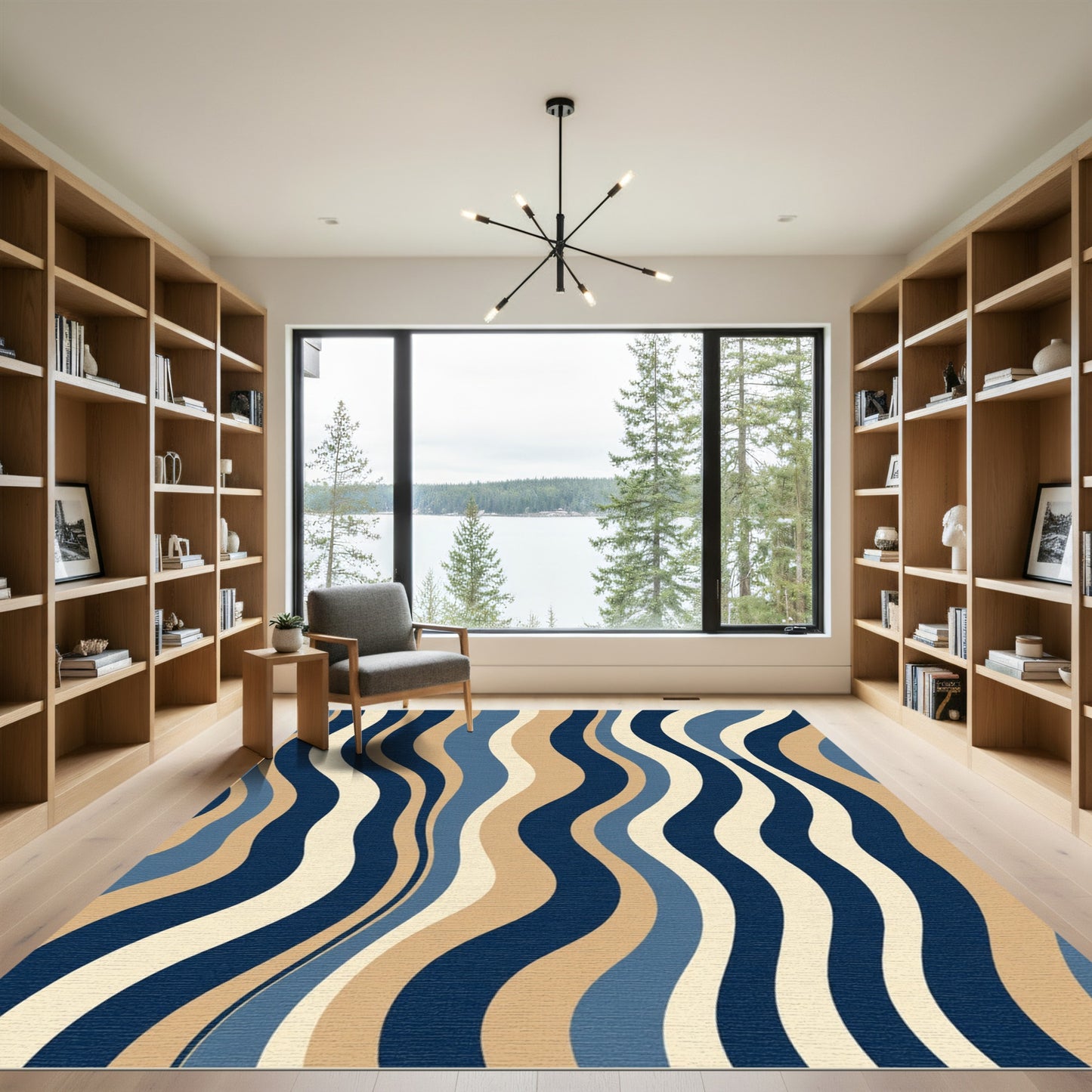 Retro Wavy Stripe Blue Tan Rug