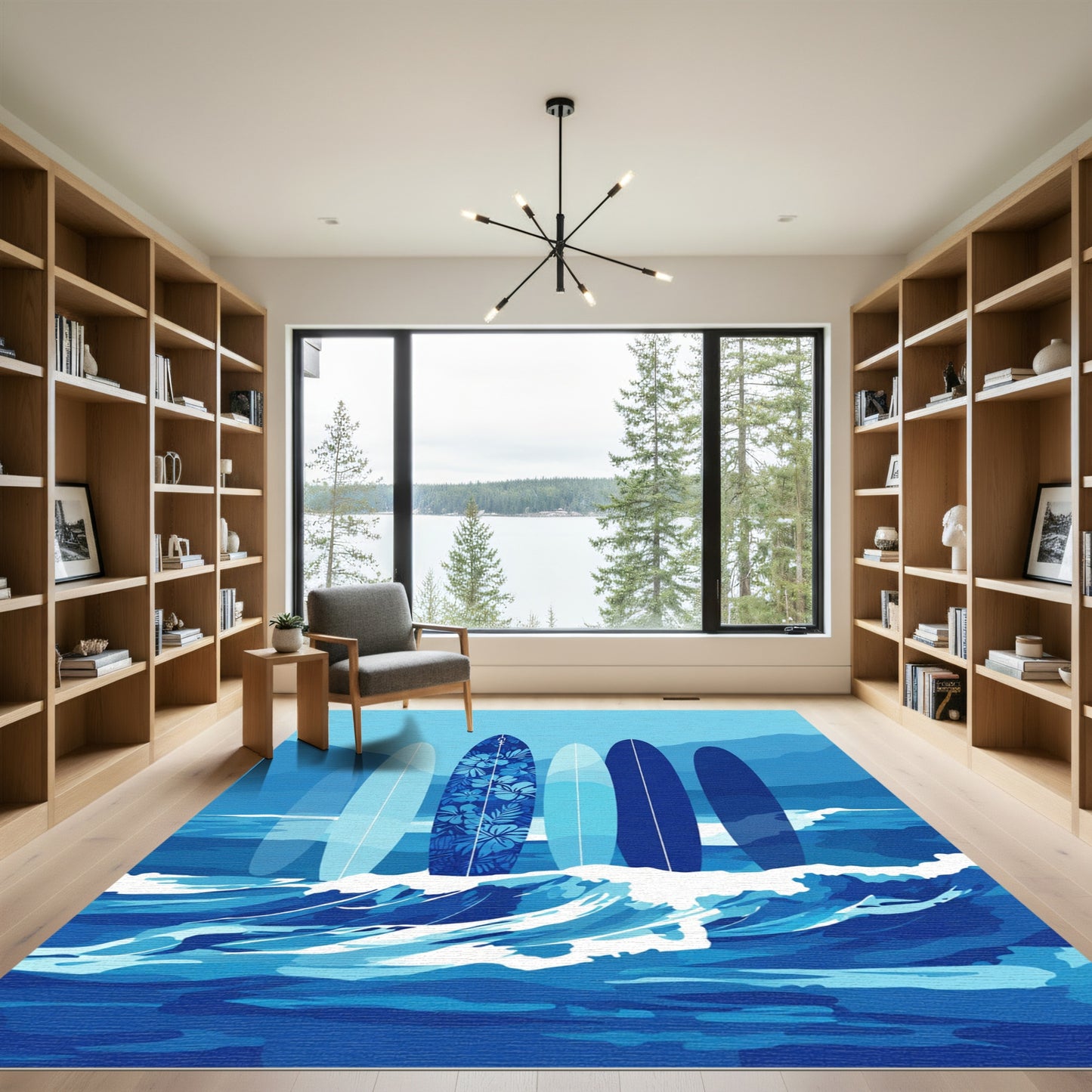 Blue Floral Surfboards Ocean Waves Rug