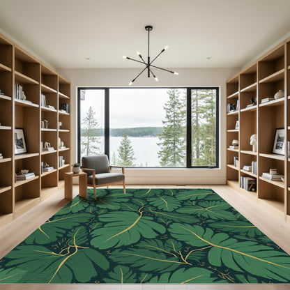 Deep Forest Green Leafy Branch Pattern Rug