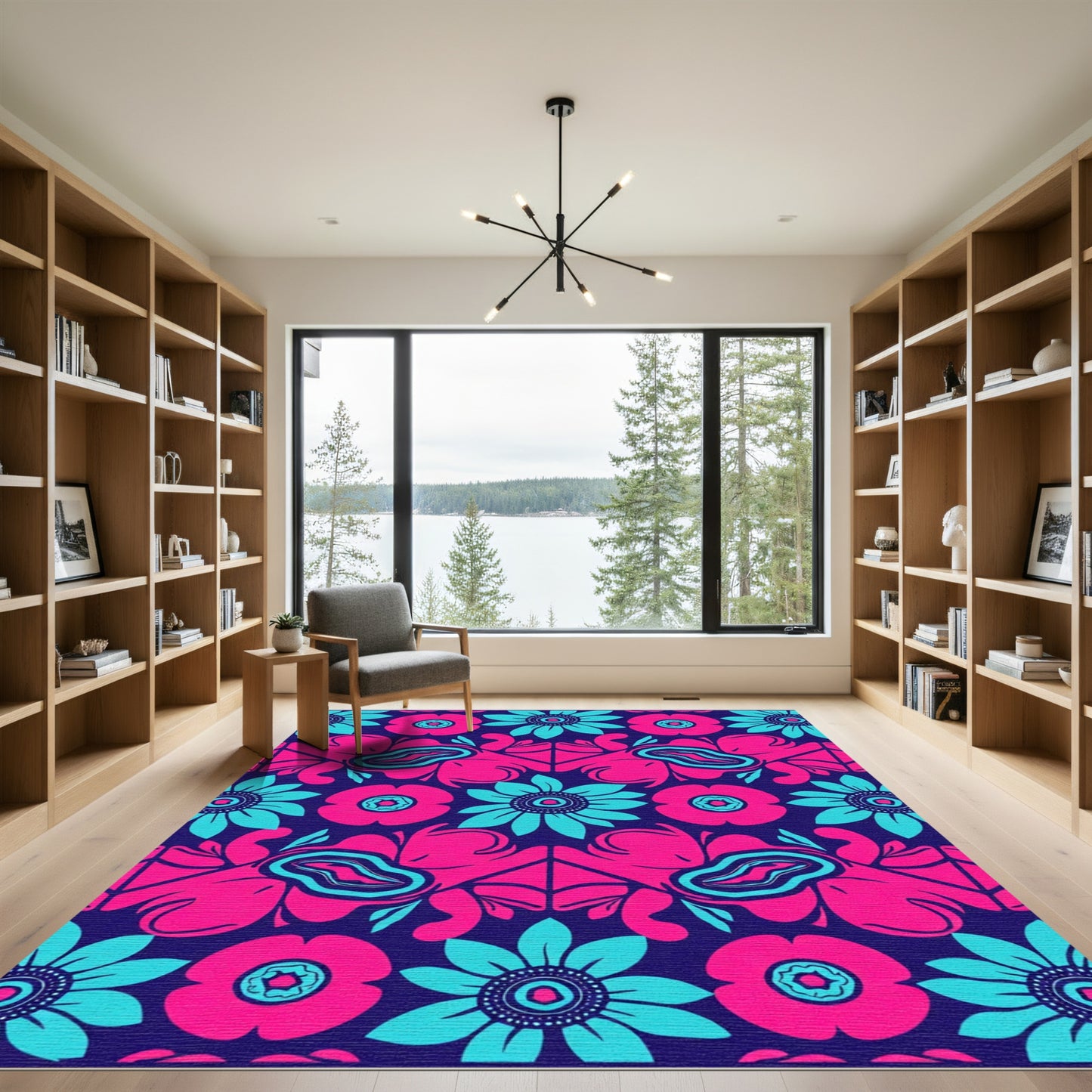 Vibrant Floral Symmetry Midnight Rug