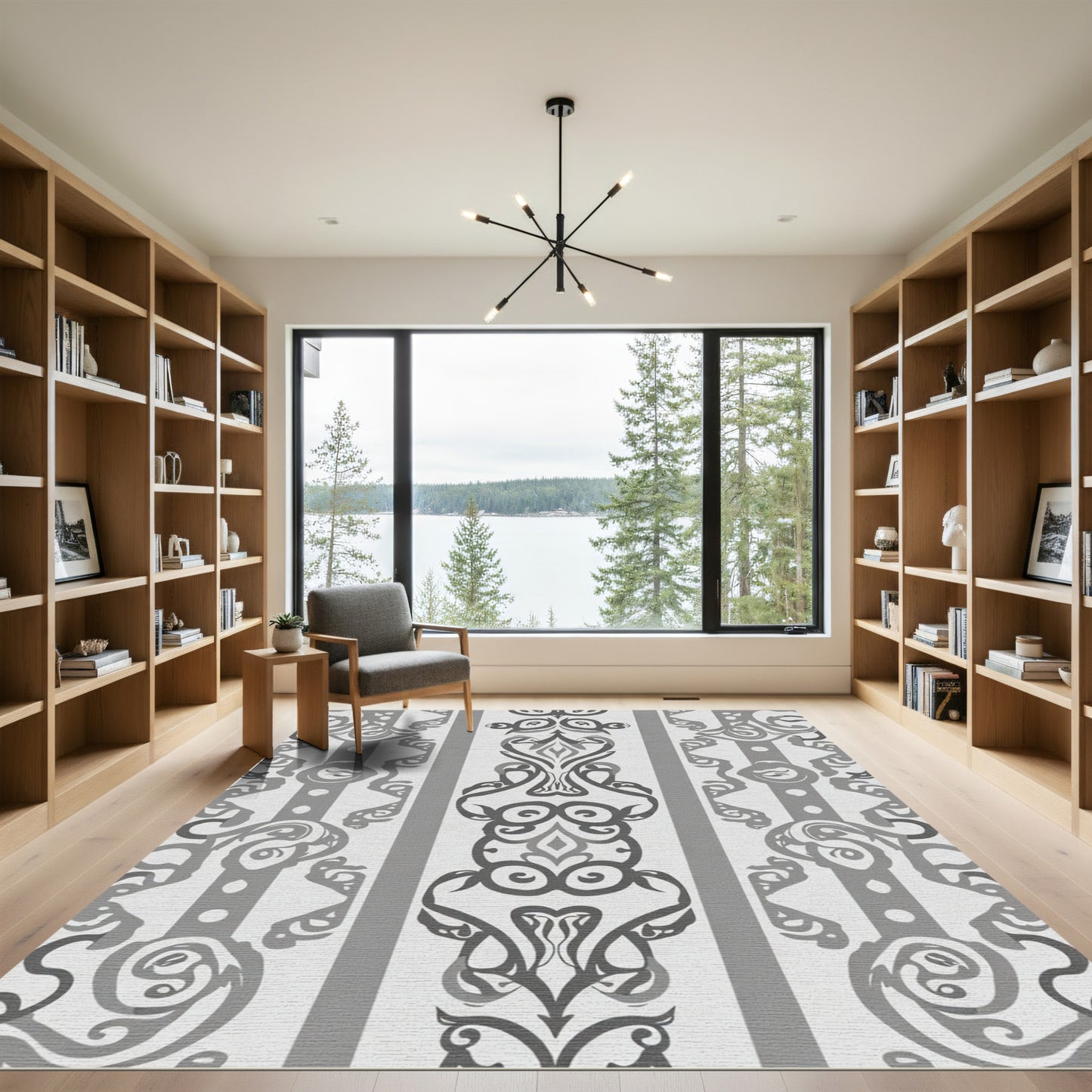 Elegant Grey Scrollwork Vertical Stripe Rug