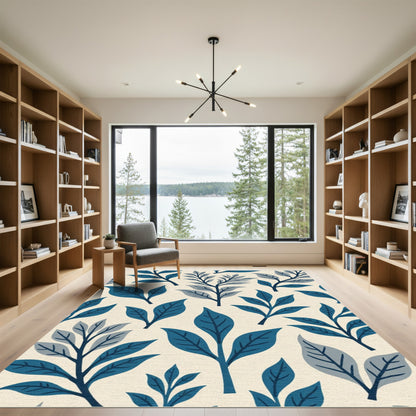 Deep Blue Foliage Contemporary Pattern Rug