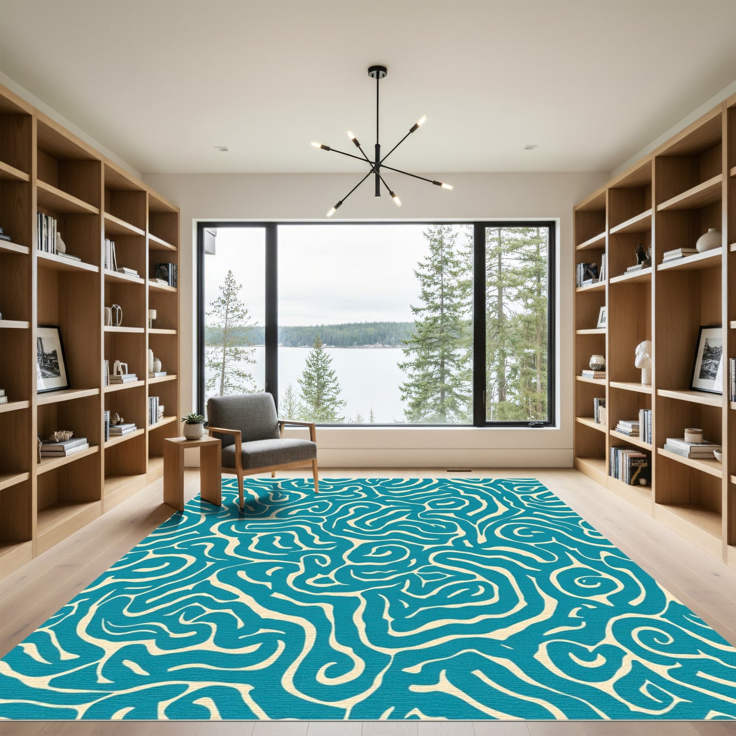Deep Teal Abstract Swirl Lines Rug