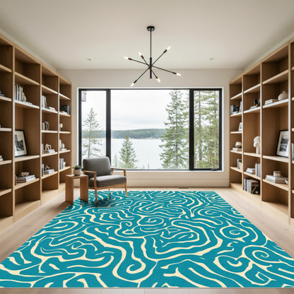Deep Teal Abstract Swirl Lines Rug
