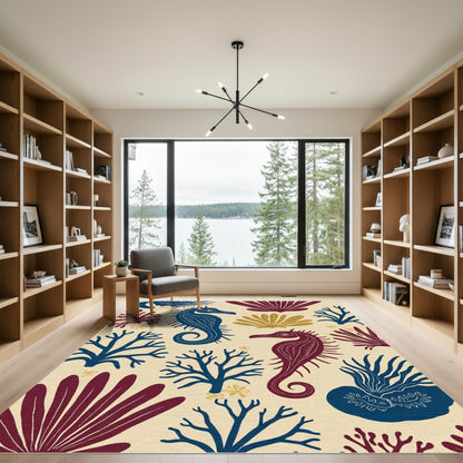 Deep Blue Red Seahorse Coral Collage Rug