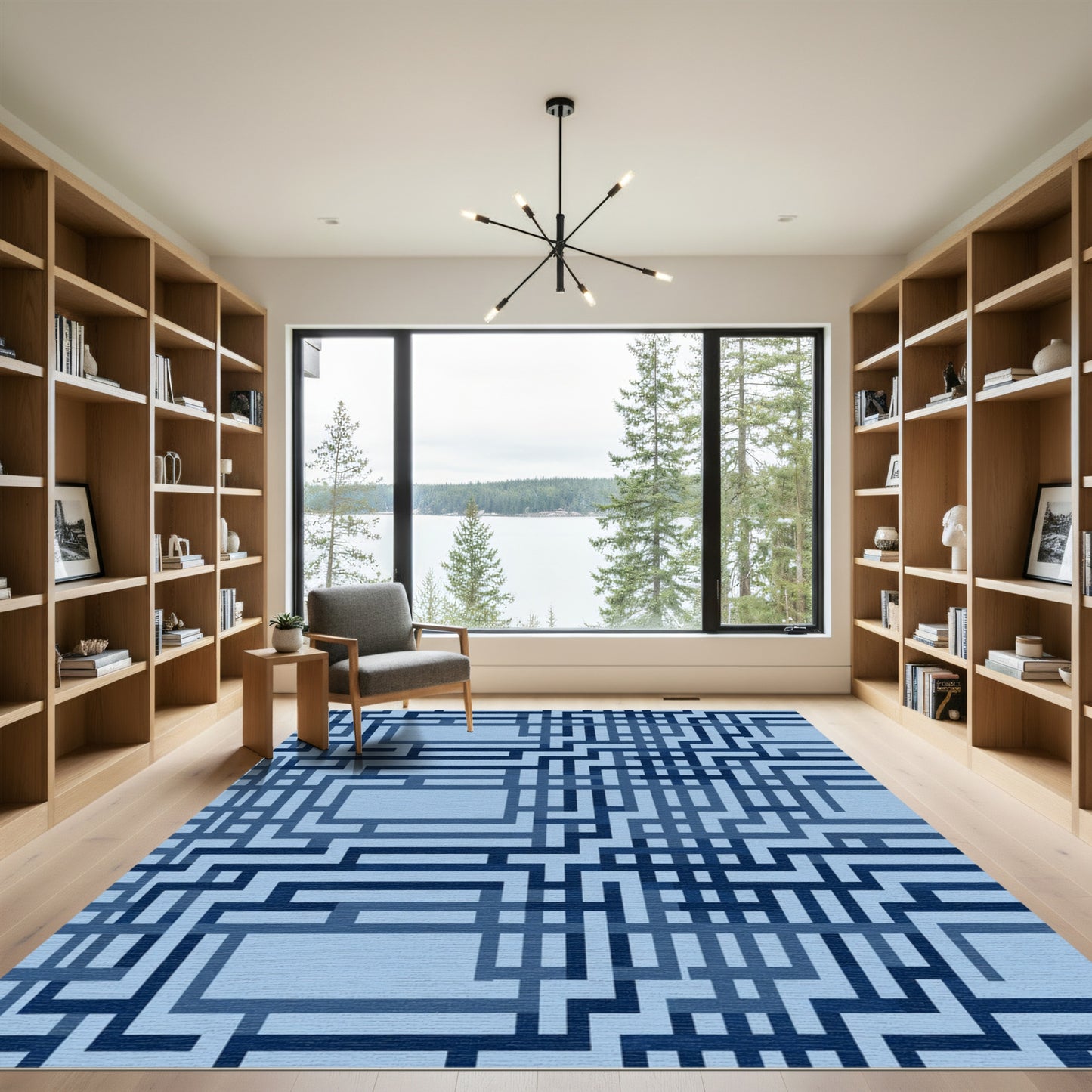 Navy Blue Interlocking Geometric Lines Rug