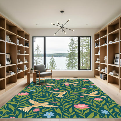 Golden Hummingbird Floral Garden Rug