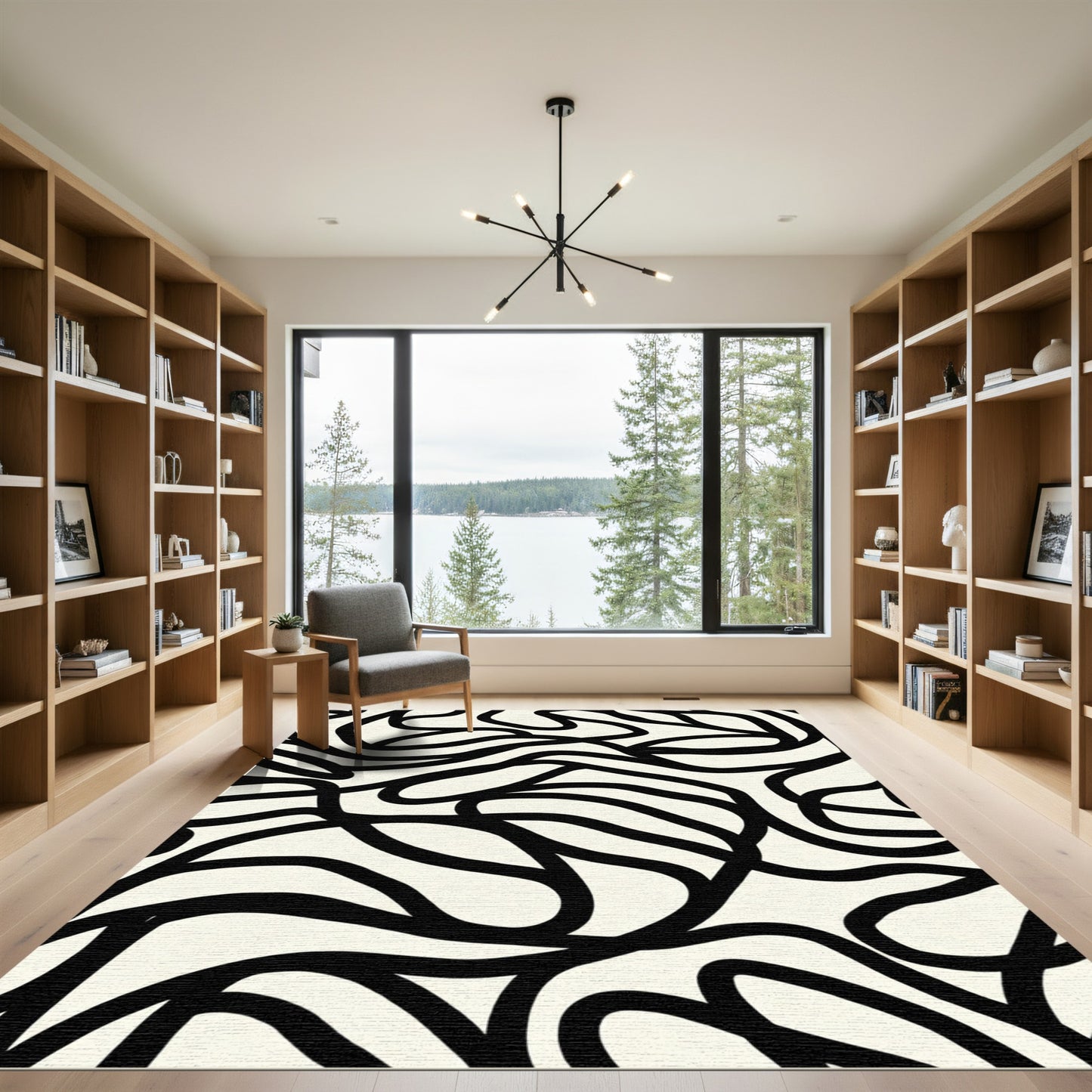 Black White Abstract Flowing Lines Rug