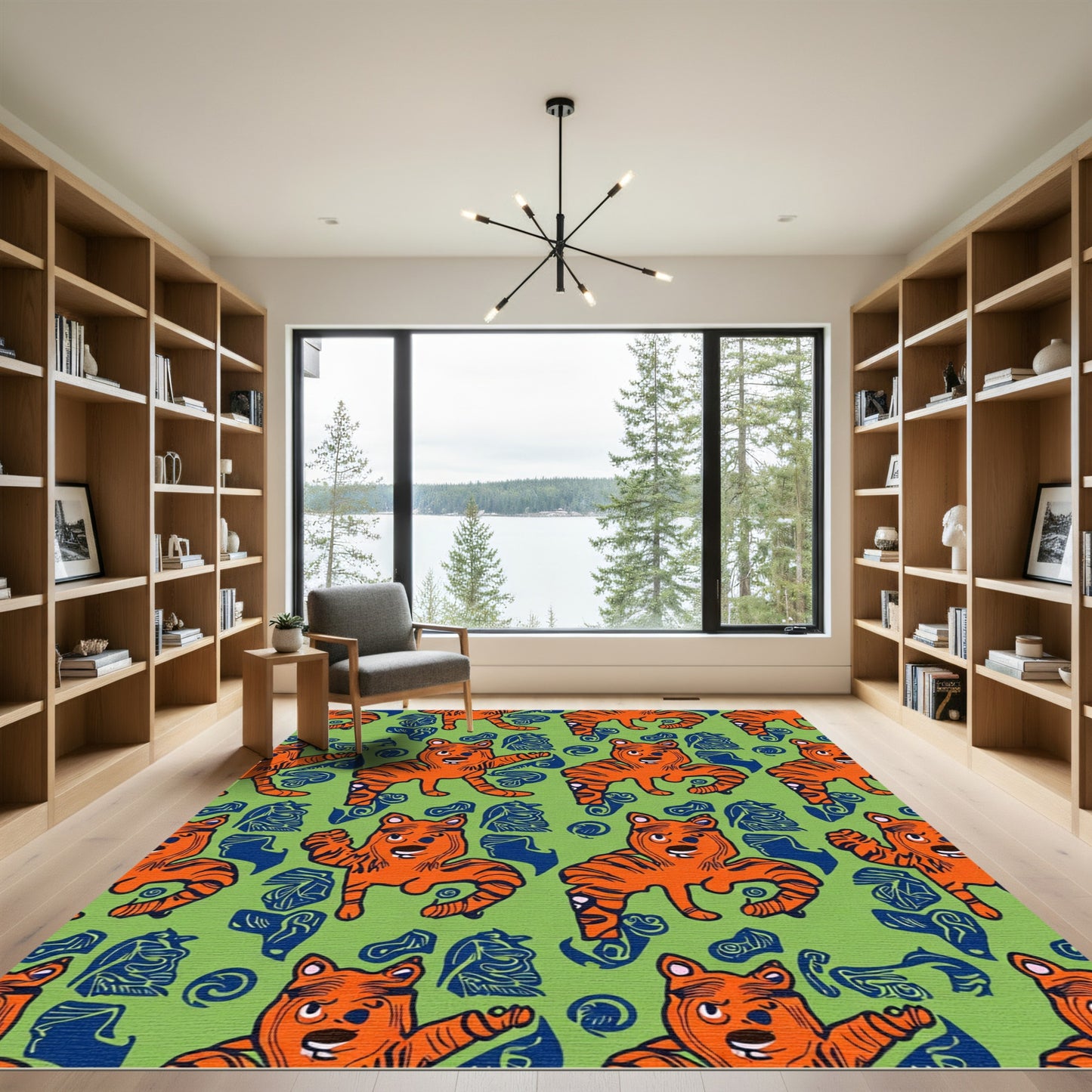Cartoon Orange Tigers Green Navy Background Rug