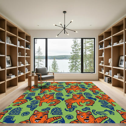 Cartoon Orange Tigers Green Navy Background Rug