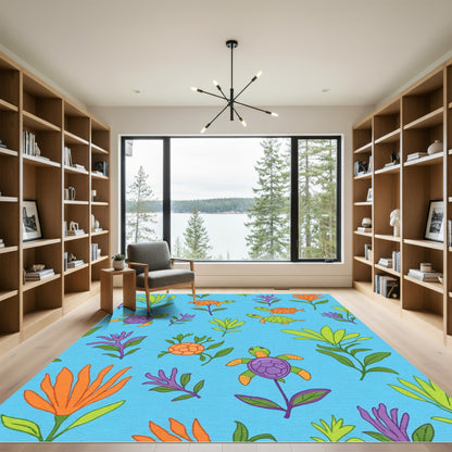Oceanic Turtle Floral Whimsical Blue Rug