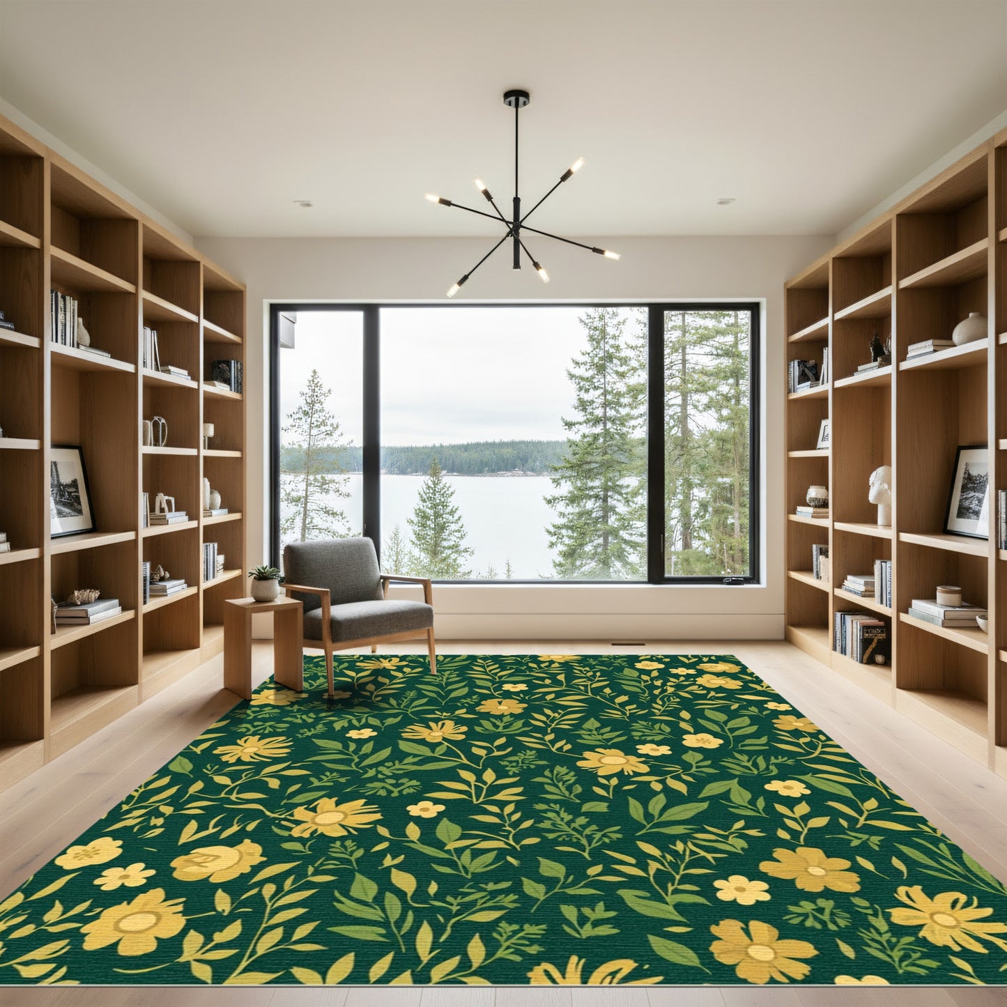 Golden Floral Meadow Green Rug