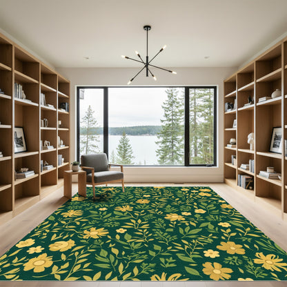 Golden Floral Meadow Green Rug