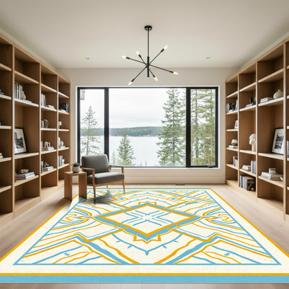 Cerulean and Ochre Geometric Symmetry Rug