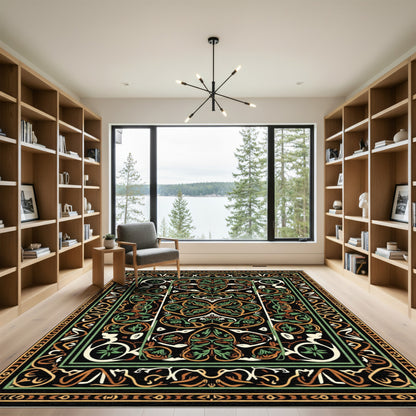 Ornate Black Amber Green Floral Medallion Rug