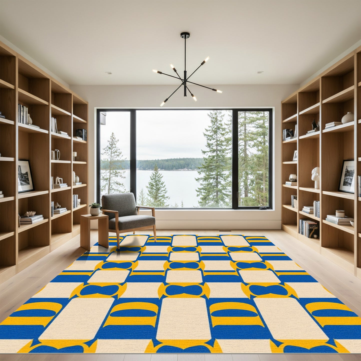 Retro Blue Yellow Geometric Grid Rug