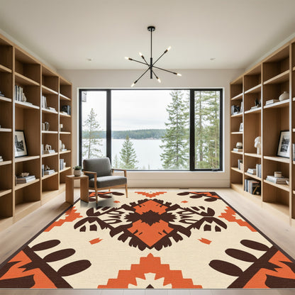 Earthy Orange Cream Folk Medallion Rug