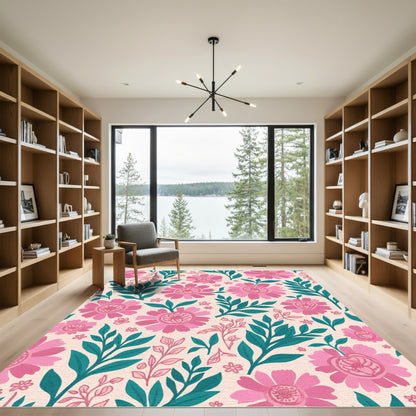 Charming Pink Floral Garland Swirl Rug