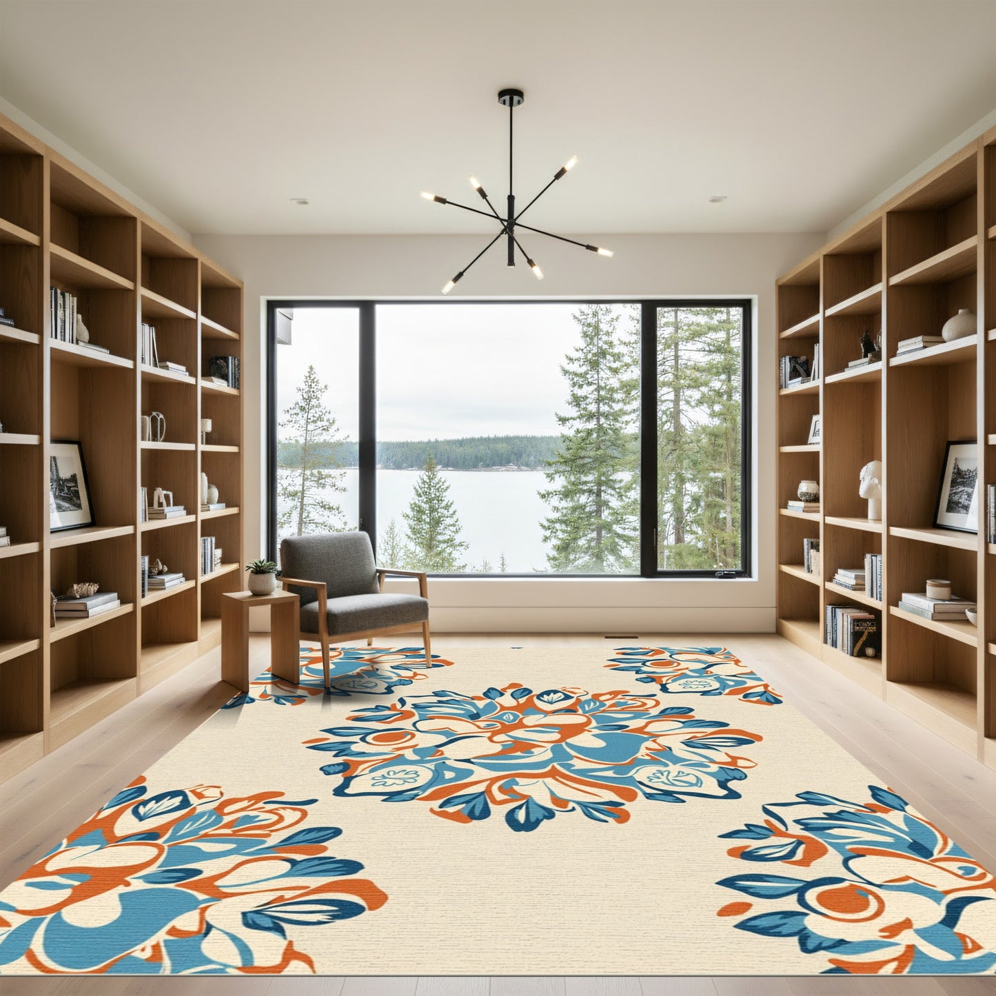 Orange Blue Floral Burst Pattern Rug