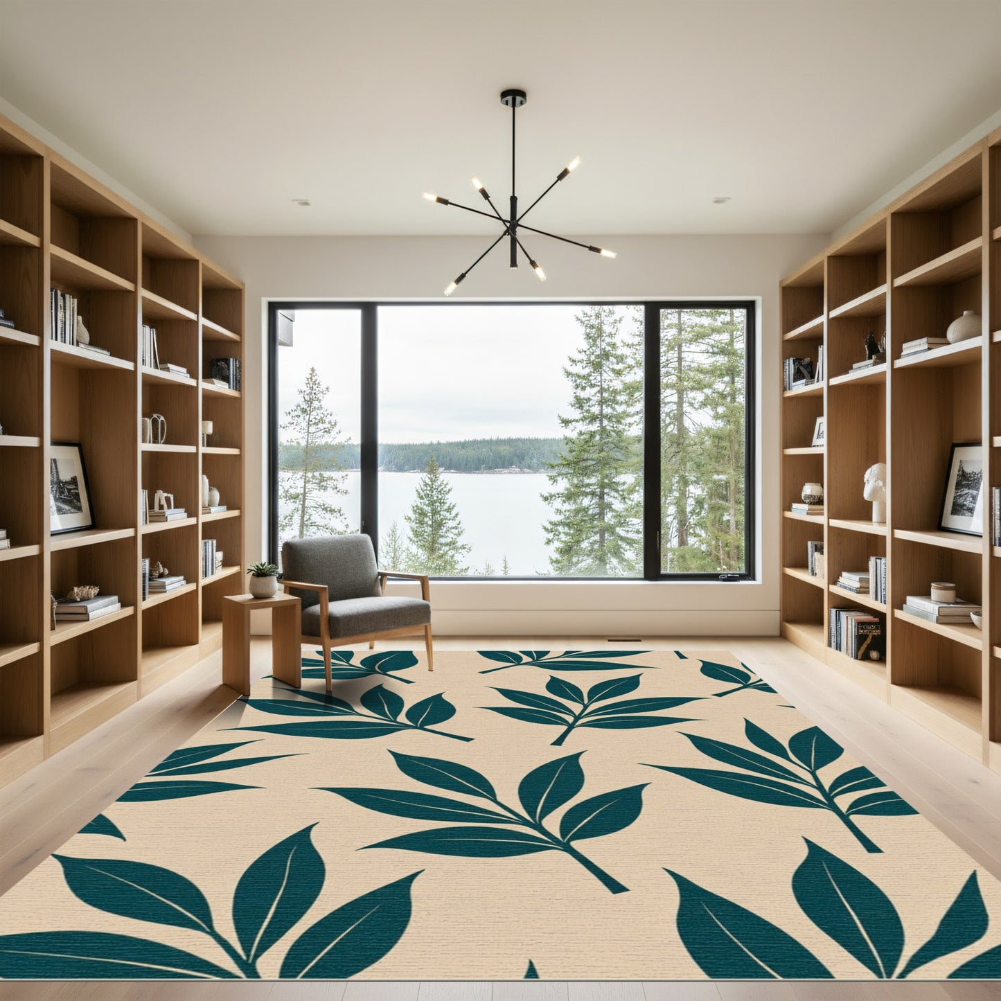 Teal Leaf Pattern on Cream Background Rug