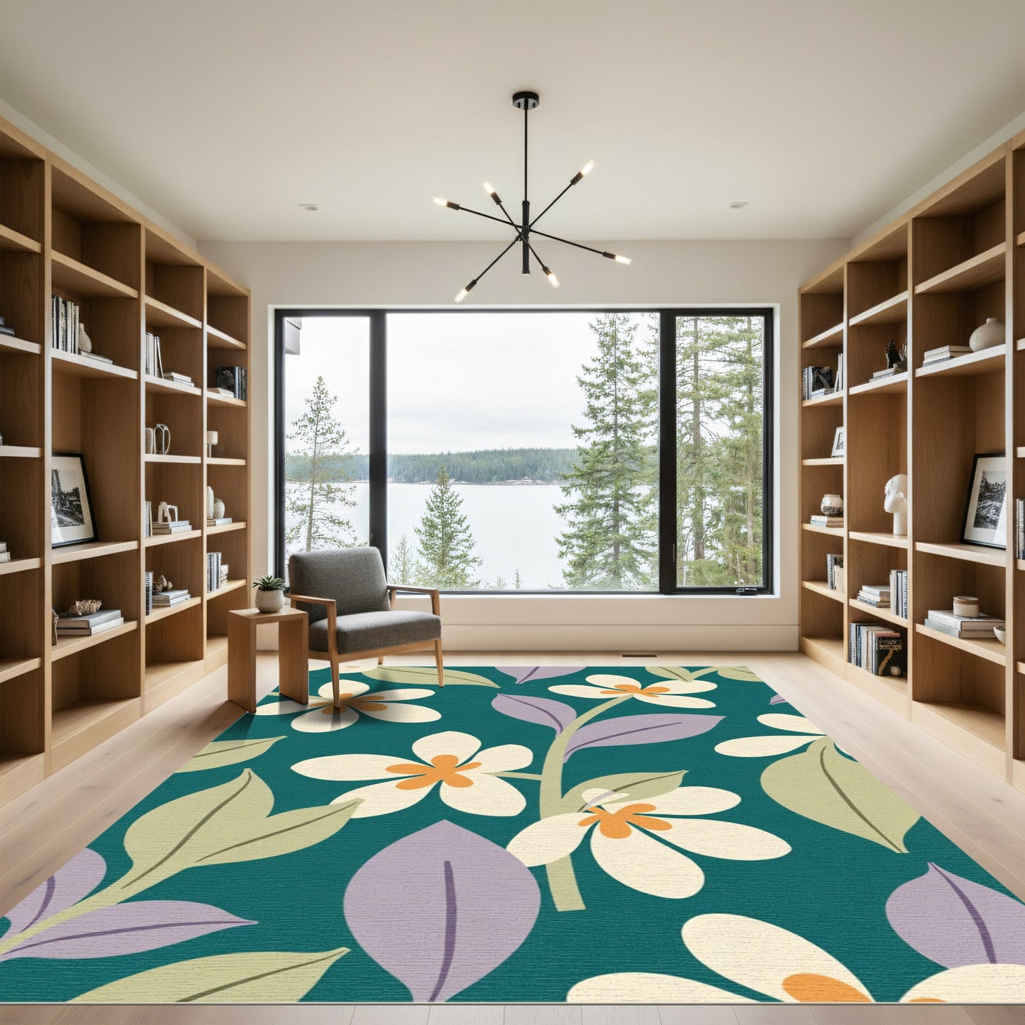 Teal White Orange Floral Branches Rug