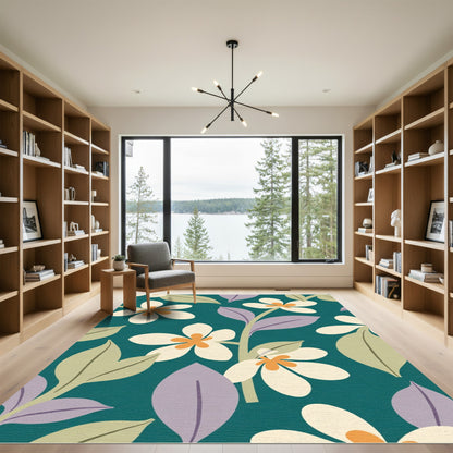 Teal White Orange Floral Branches Rug
