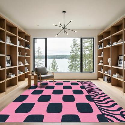 Pink Navy Checked Zebra Stripe Rug