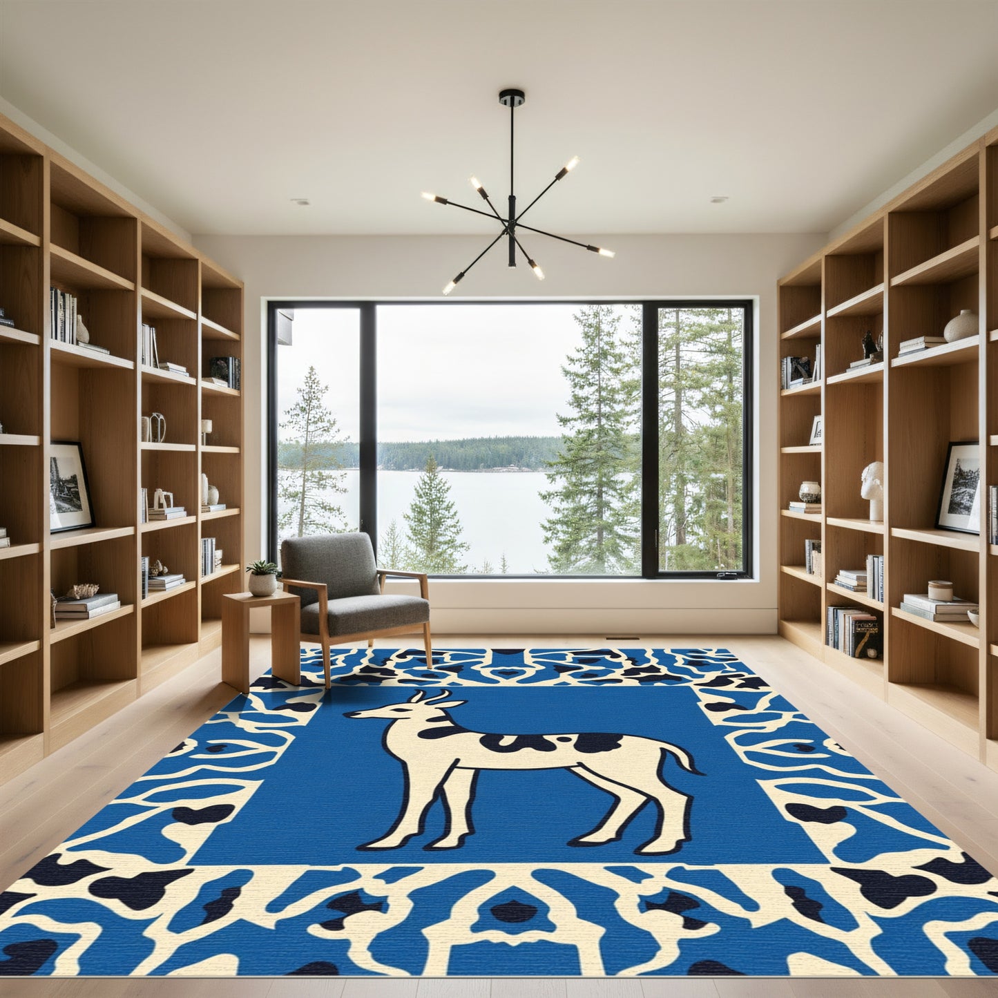 Blue Deer Animal Bordered Rug
