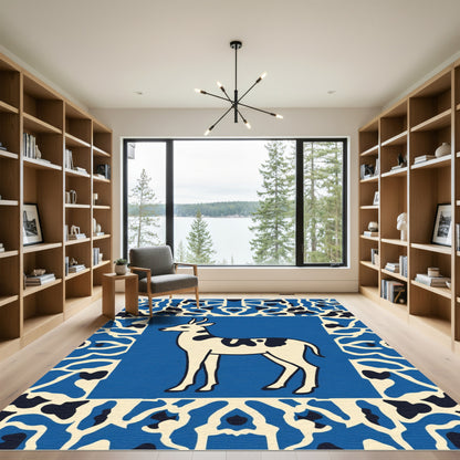 Blue Deer Animal Bordered Rug