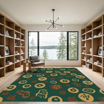 Deep Forest Ochre Abstract Organic Shapes Rug