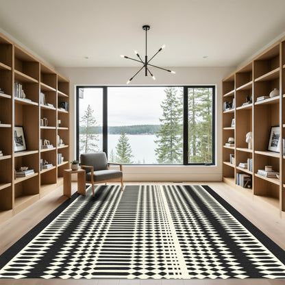 Bold Black Cream Geometric Stripe Rug