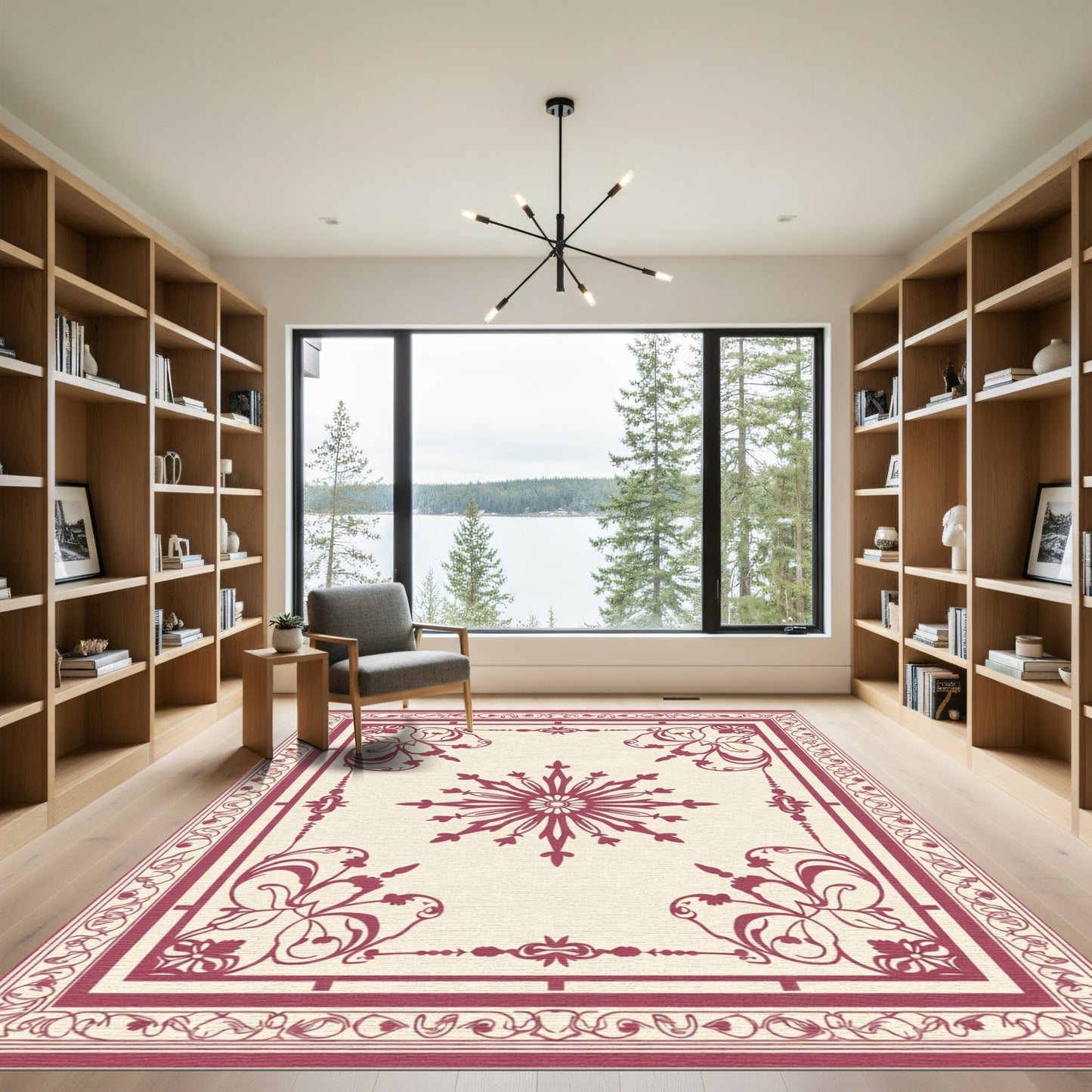 Crimson Floral Sunburst Border Design Rug