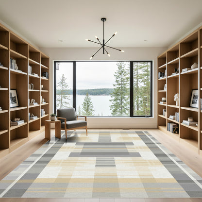 Soft Beige Rectangular Grid Rug