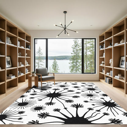 Black White Dandelion Seed Spray Rug
