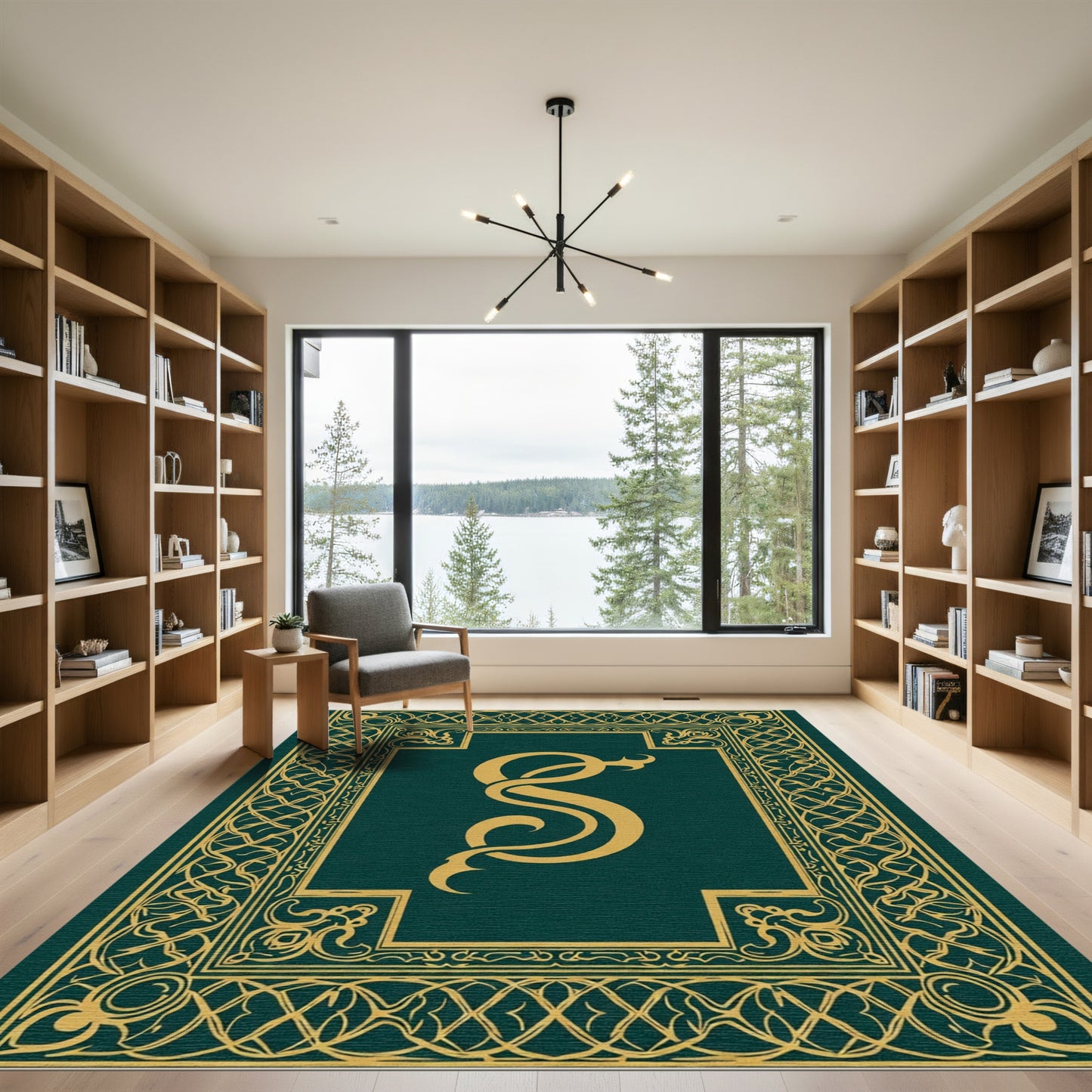 Gold Monogram Square Emerald Border Rug
