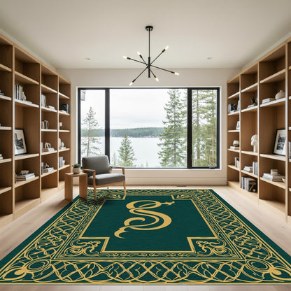 Gold Monogram Square Emerald Border Rug