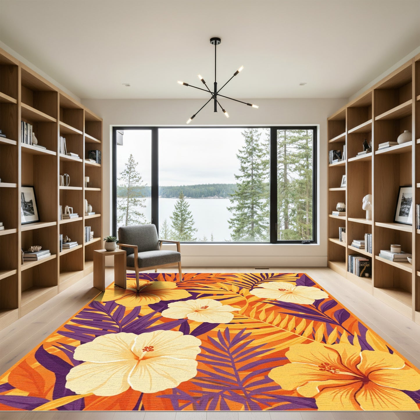 Tropical Hibiscus Floral Orange Purple Rug