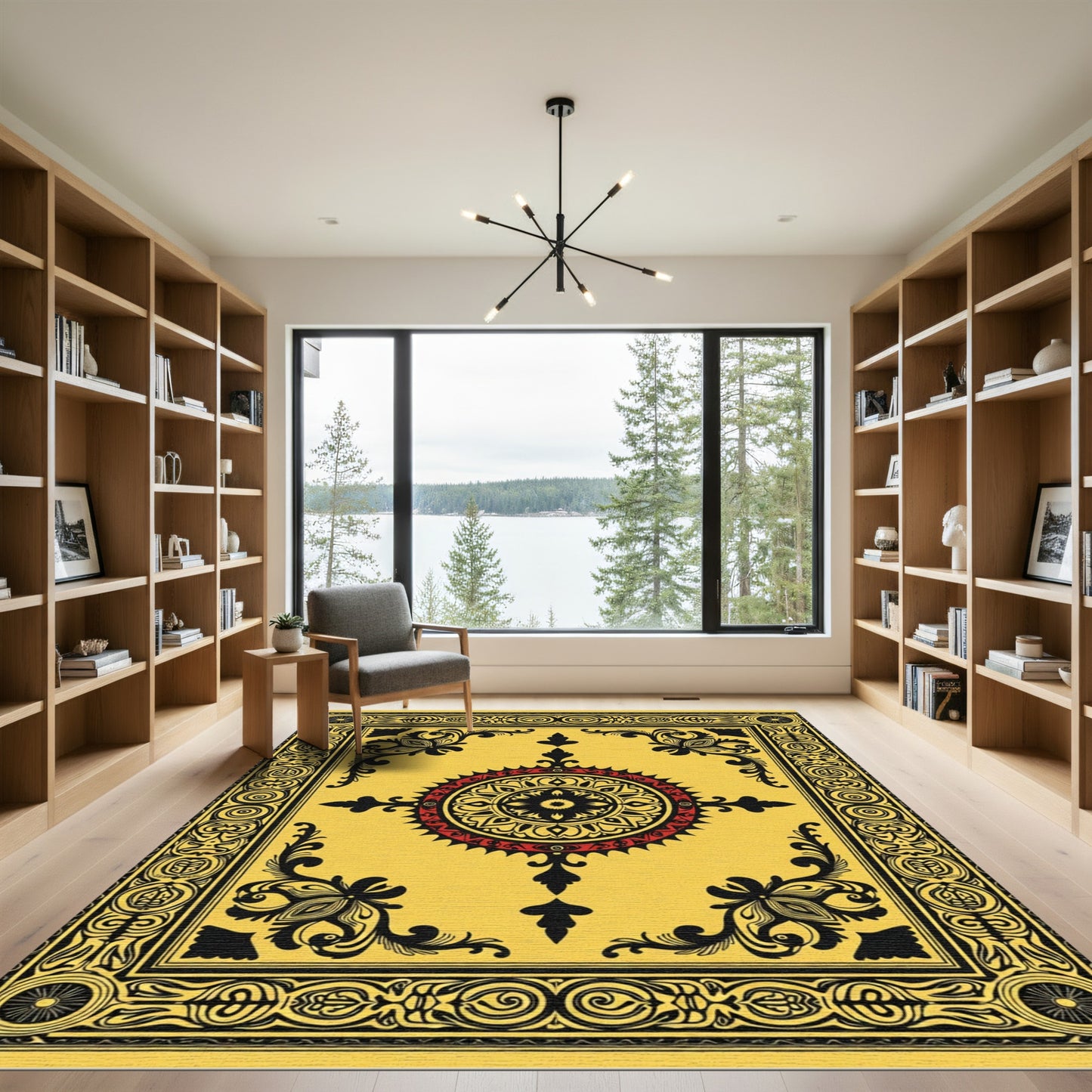 Vibrant Yellow Medallion Black Red Rug