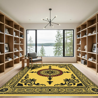 Vibrant Yellow Medallion Black Red Rug