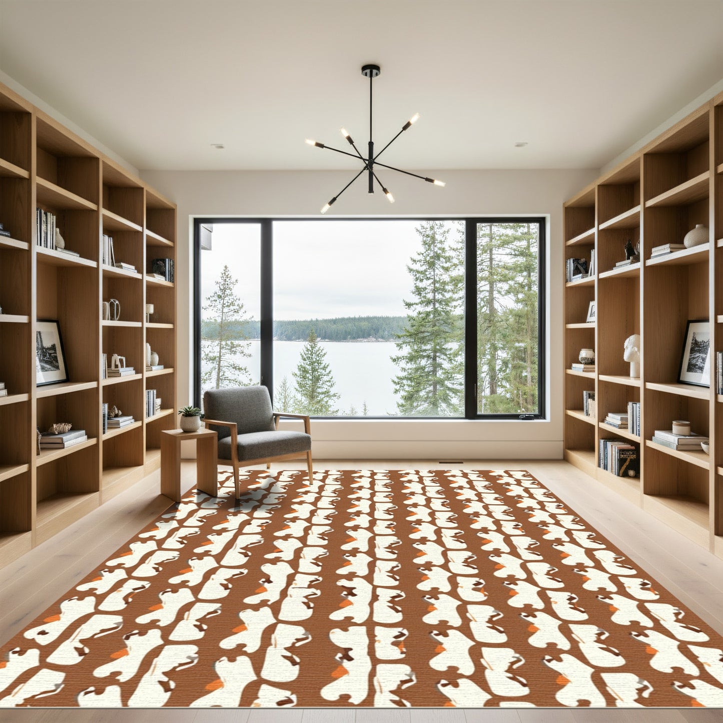 Brown White Abstract Organic Shapes Rug