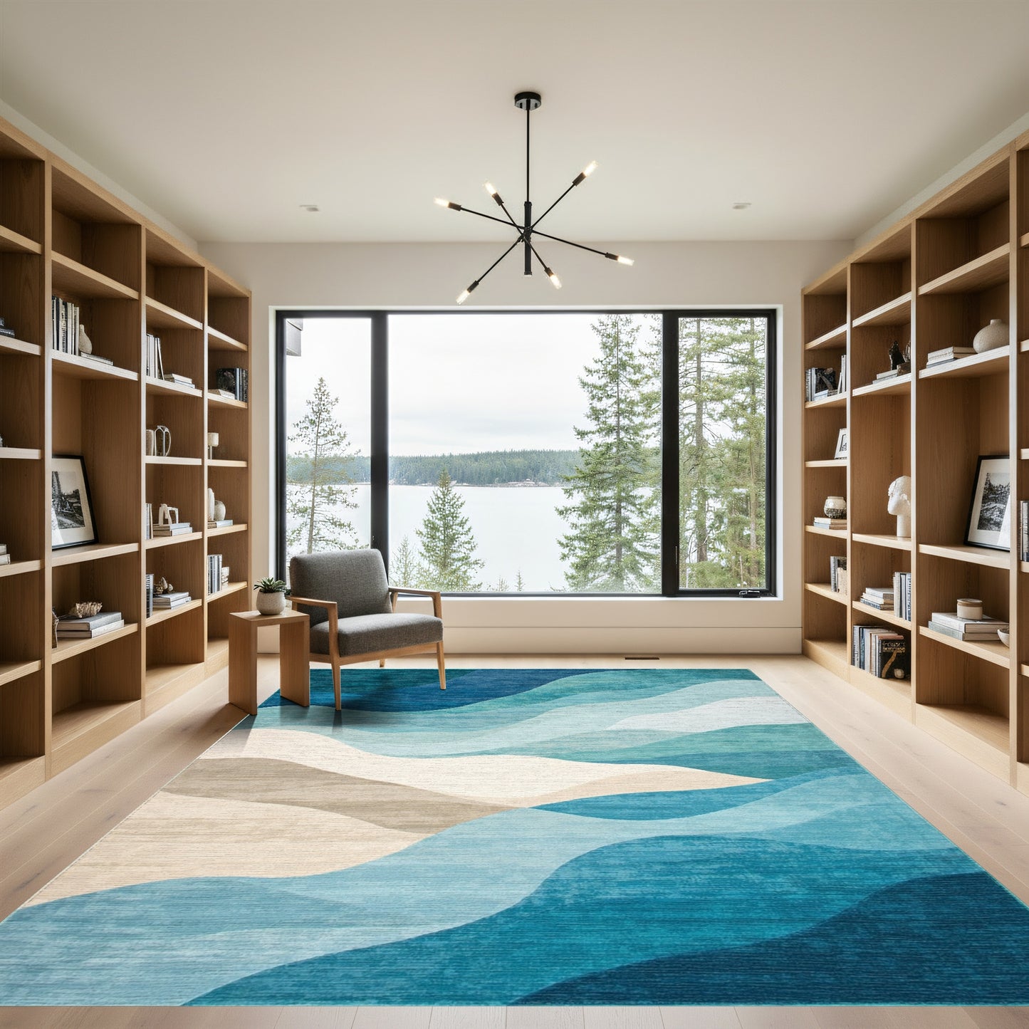 Teal Blue Layered Waves Rug