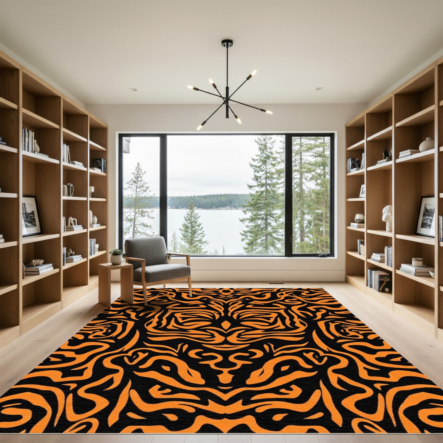 Vibrant Orange Black Tribal Swirls Rug