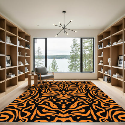 Vibrant Orange Black Tribal Swirls Rug